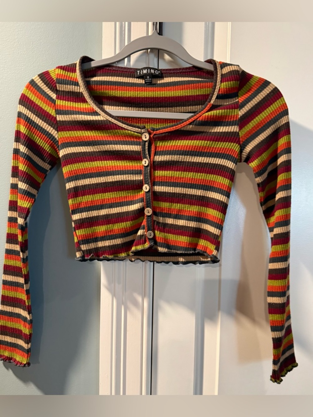 TIMING Striped Rib-Knit Button-Front Crop Top in Multicolor sz small